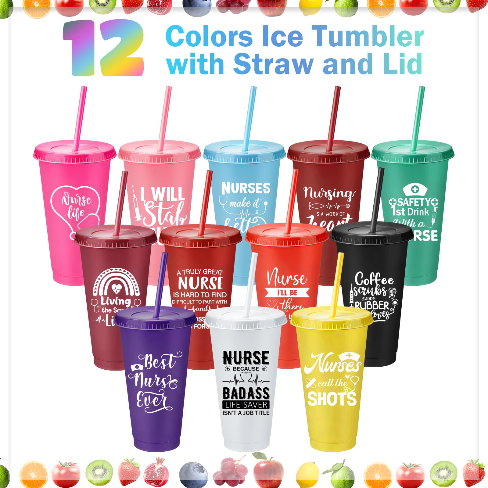 Bokon 50 Pcs Nurse Appreciation Tumbler with Straw and Lid, Bulk Nurse Week Gifts, 24 oz Reusable Plastic Cup, Multicolor Iced Water Bottle, for Appreciation & Graduation(Warm Style)