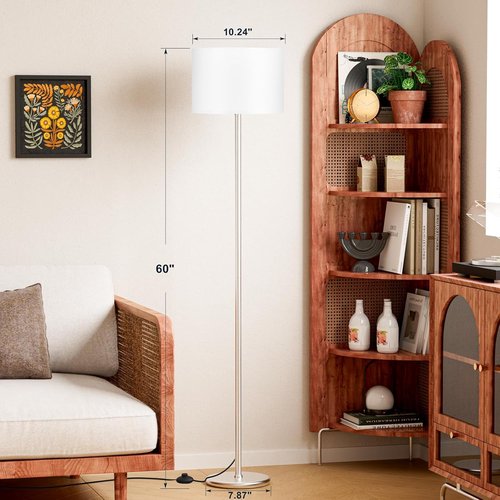 Ambimall 60'' Modern Floor Lamp - Stylish White Shade with Silver Pole for Living Room & Bedroom