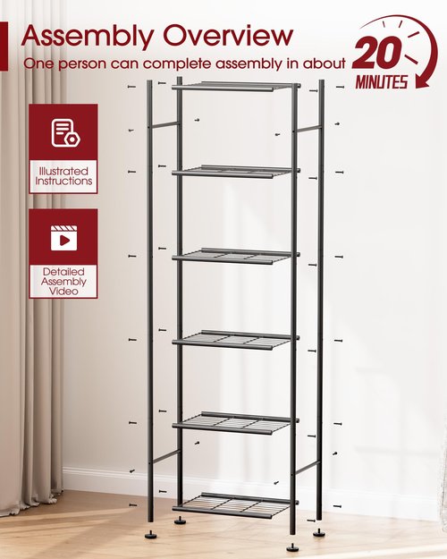 Sakugi 6-Tier Metal Storage Shelves - Slim Shelf Organizer with Reinforced Side Bars, Spacious Storage for Kitchen, Bathroom, and Laundry Room Organization, 18.2" x 12.5" x 70.1", Black