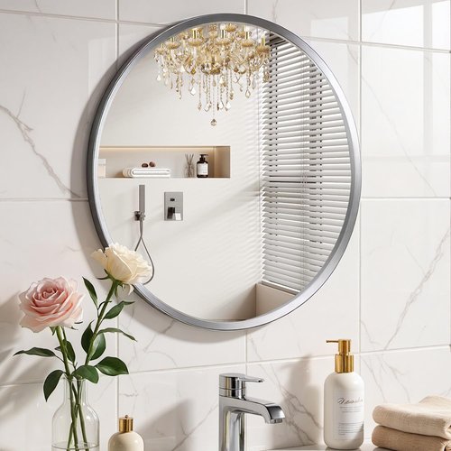 YYXW Brushed Nickel Round Bathroom Mirror for Wall, 24 inch Sliver Circle Mirror for Wall, New Frame Design, Tempered Glass,Wall Mounted Circle Mirror for Vanity, Entryway, Bedroom, Restroom