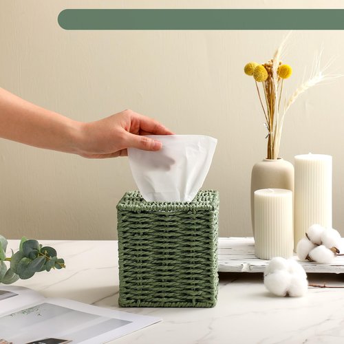 Acellegic Sage Green Tissue Box Cover Square Natural Paper Rope Hand Woven Tissue Box Holder for Bathroom Living Room Bedroom Kitchen Table Desk Office Boho Home Decor