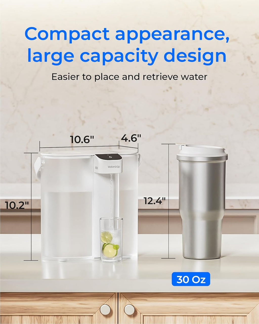 Waterdrop Compact Electric Water Filter Pitcher - 200-Gallon Rechargeable Dispenser | Reduces PFOA, Lead & Chlorine, 14-Cup, White