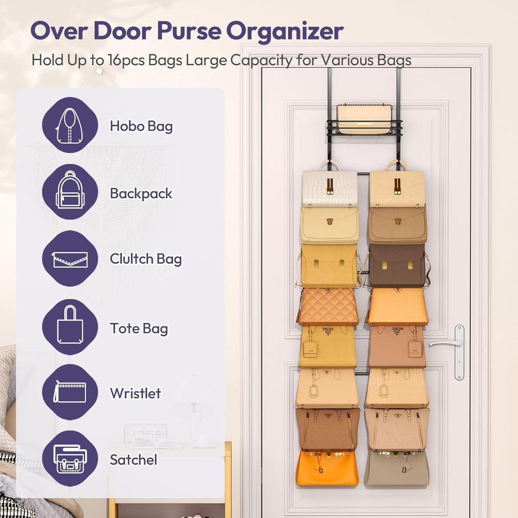 SWTYMIKI Over The Door Purse Organizer - Wall Mounted Handbag Storage Rack with 16 Hooks & Metal Basket