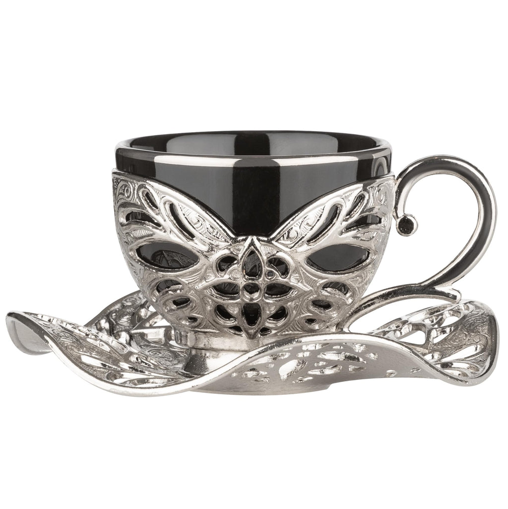 Alisveristime Turkish Coffee Set for Six, 6 Black Porcelain Cups with Gilded Rims, Zamac Holders and Saucers, Two Color Variations: Gold and Silver (Gilded-Design) (Silver)