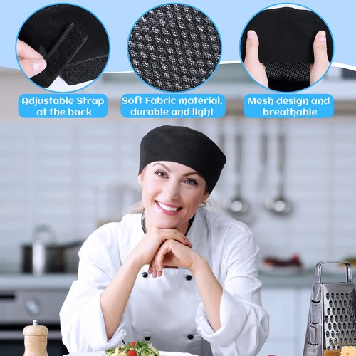 Jeere 20 Pcs Unisex Chef Hat Adjustable Kitchen Cooking Caps Sushi Beanie Breathable Mesh Top Skull Cap for Men Women Adult (Black)