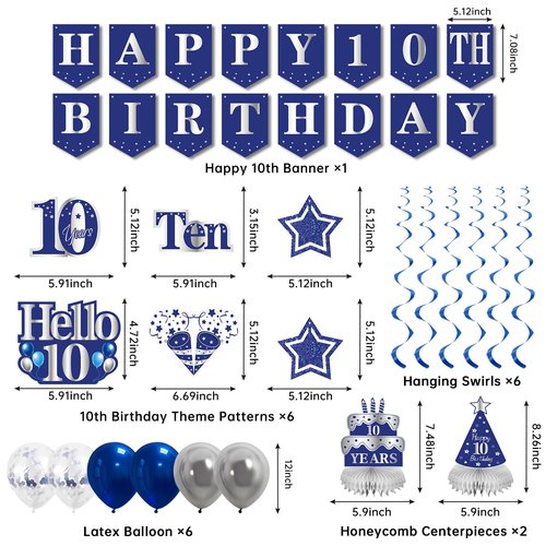 10th Birthday Decorations for Boys Girls Men, Blue Sliver Bruh I'm 10 Backdrop Happy 10th Birthday Banner Table Honeycomb Centerpieces Cake Topper Balloons Hanging Swirls Party Supplies