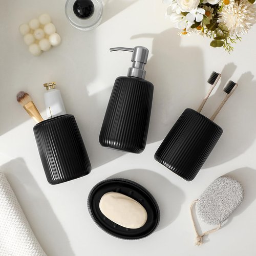 vancasso Ceramic Bathroom Accessories Set 4 Piece, Soap Dispenser with Stainless Steel Pump, Toothbrush Holder, Tumbler and Soap Dish, Modern Relief Design, Bathroom Decor Organizer, Black