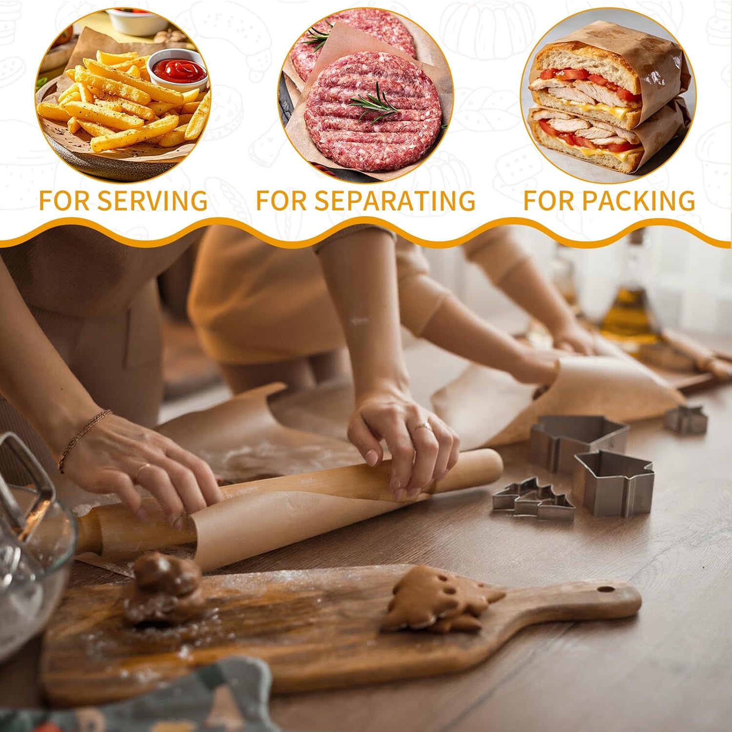 Unbleached Parchment Paper Roll - Non-Stick Baking Sheets with Built-In Cutter | 12in x 98ft, 3 Pack