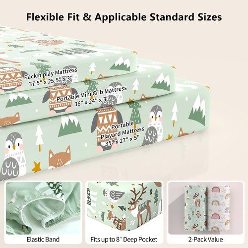 IOCCLH Pack N Play Sheets Fitted, 2-Pack Fit for Standard Pack N Play Mattress, Mini Crib Sheets,Breathable Soft Unisex Playard Sheets (Polar Bear & Green Rainbow)