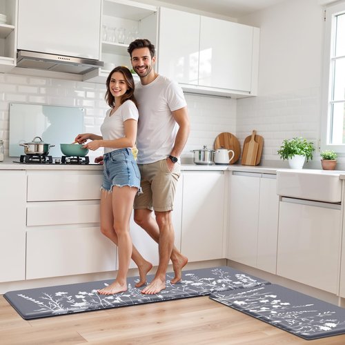 SofterCharm Kitchen Mats for Floor, Kitchen Rugs Sets of 2, Cushioned Anti Fatigue Mats for Kitchen Floor, Non-Slip Kitchen Decor, Water Resistant Kitchen Rug for Home, Kitchen, 17.3"x30"+17.3"x47"