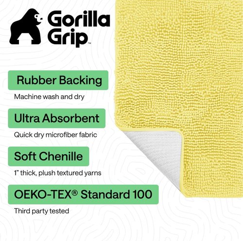 GORILLA GRIP Bath Rug Mat - Soft Absorbent Chenille | Quick Dry Microfiber, 60x24, Yellow