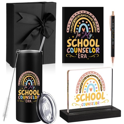 Patelai 5 Pcs School Counselor Gifts Counselor Appreciation Gifts for Teacher Women Men Include 16 oz Tumbler Notebook Ballpoint Pen Desk Stand for Educator School Teacher Day Office Must Haves