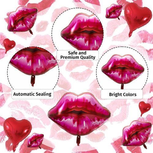 10Pcs Red Heart Ballons Lip Balloons Kiss Balloons with Ribbon for Valentine's Day Wedding Anniversary Love-Themed Parties Makeup Themed Party Kiss the Miss Goodbye Galentine's Day Decor