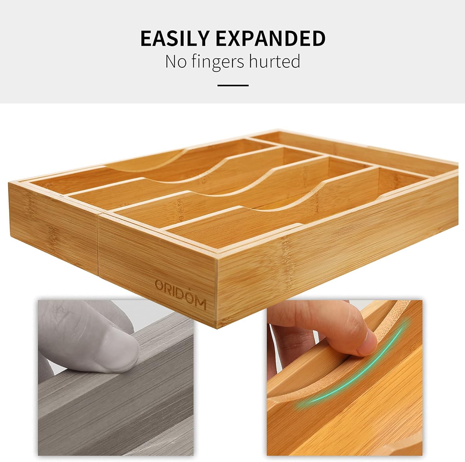 Skiennix Expandable Bamboo Kitchen Drawer Organizer - Adjustable Cutlery Tray for Flatware | Natural Finish
