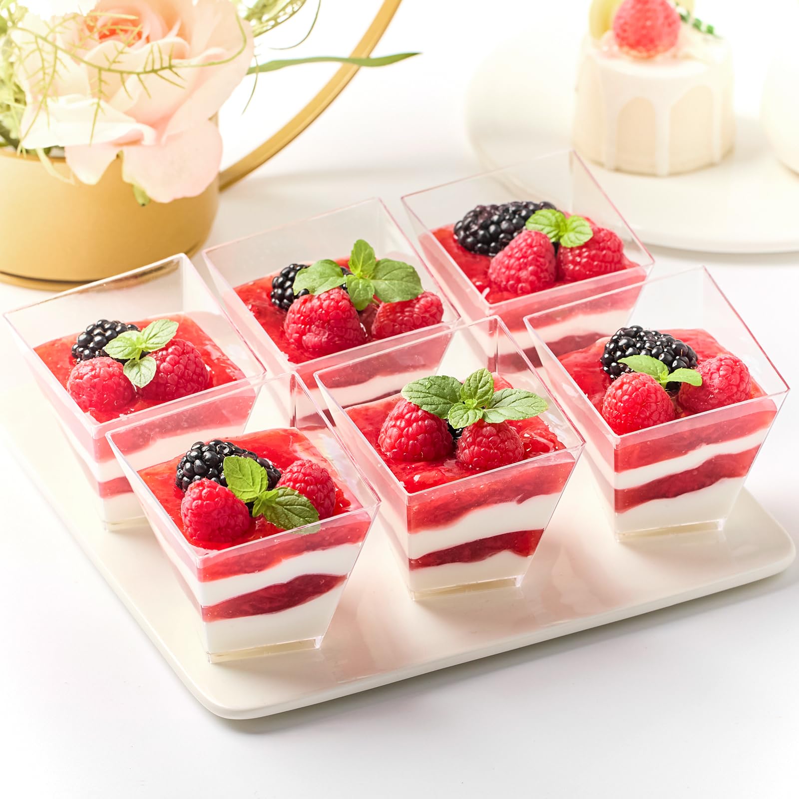 Zezzxu 4 oz Slanted Irregular Dessert Cups with Spoons, 50 Pack Mini Appetizer Cups Small Plastic Party Serving Cups for Ice Creams Mousses Puddings Parfaits Triffles