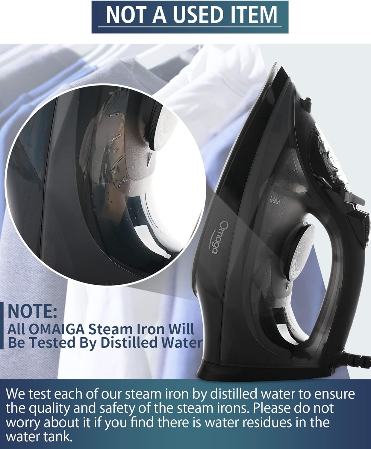 OMAIGA 1500W Steam Iron - Rapid Heating, Non-Stick Ceramic Soleplate, Auto-Off | Black