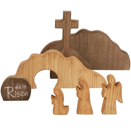 Glintoper Empty Tomb Easter Scene and Cross Decoration, 7pcs Wooden Easter Resurrection Scene Cross Jesus Tomb Tray Set, Tabletop Christian Gifts Jesus Nativity Scene Decor for Religious Home Office