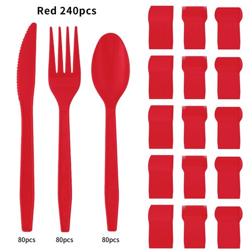 Sveikie 240 Pcs Disposable Red Plastic Silverware Set, Including Red Party Forks, Knives And Spoons 80 Pieces Each, Suitable For Parties, Weddings, Birthdays, Home Offices, Takeout
