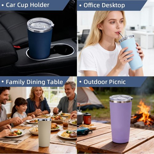 GGQ 20oz Travel Coffee Tumbler Food-Grade 304 Stainless Steel Vacuum Insulated Double Wall Leak-Proof Lid Reusable Straw Hot and Cold Drinks Cup Holder Friendly (Brown)