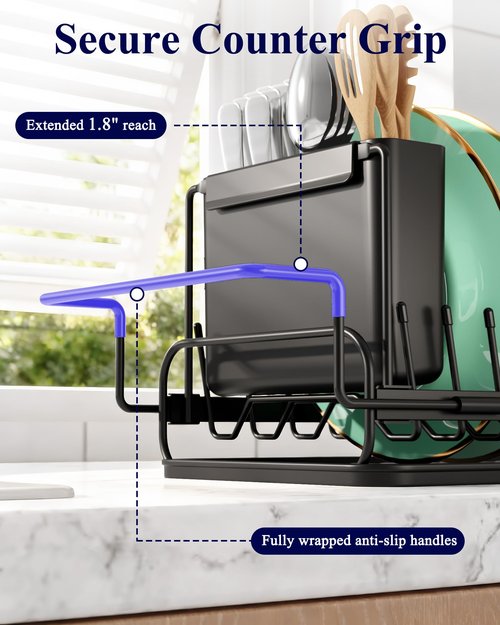 Kitsure Dish Drying Rack - Expandable Dish Rack for Kitchen Counter, Over Sink Or in Sink, Space-Saving Plates Dryer with Cutlery Holder & Drip Tray, 14.0"-20.9" L x 6.3" W x 8.0" H, Black