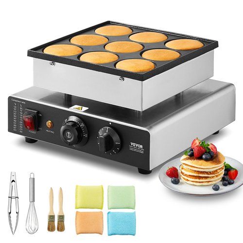 VEVOR Dutch Pancake Maker, 9PCS 76mm Diameter Dorayaki Baker Machine, 850W Commercial Electric Poffertjes Grill, Non-stick Stainless Steel, Temp & Time Control, for Home Kitchen Restaurant Snack Bar