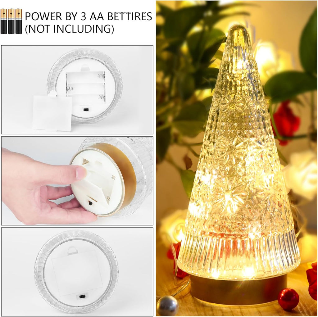 Regine Switzerland Glass Christmas Tree - Small Gold Sparkling LED Light Decoration for Tabletop & Mantel