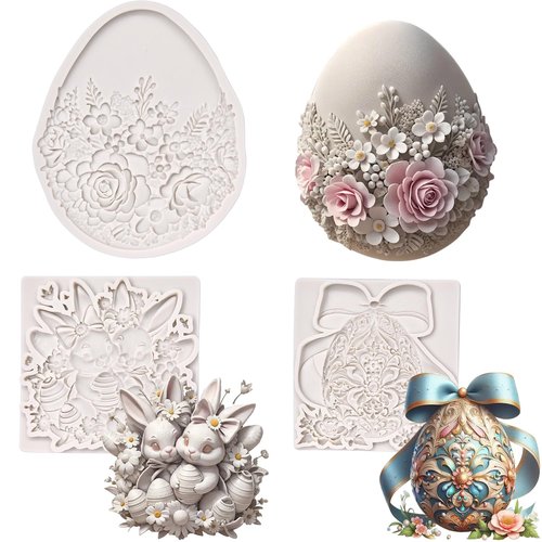 (Three-piece) Floral Easter Egg, Rabbit, Bowknot Fresh Flower Easter Egg, DIY Silicone Mold, Cake Chocolate Mold Wedding Cakeoration Tool Marshmallow Cake Mold