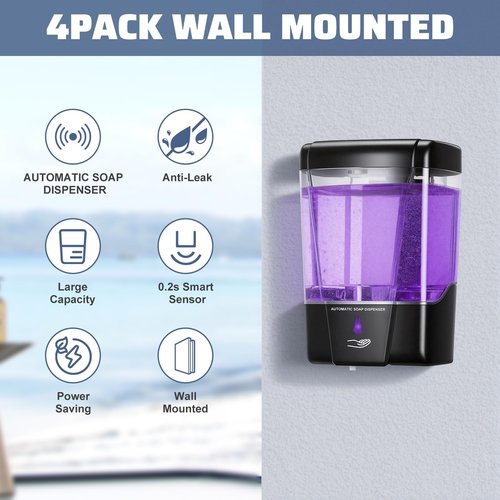 4 Pack Automatic Soap Dispenser Wall Mount,Touchless Liquid Soap Dispenser,Battery Operated,600 ml / 20 oz Commercial Hand Detergent Dispenser for Office Home Kitchen School Bathroom Hotel Restaurant