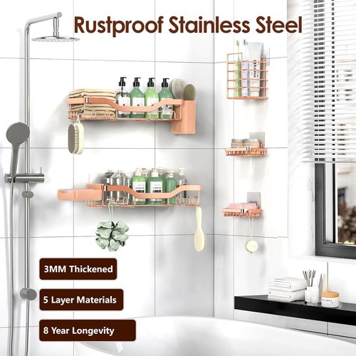 NESOMI Shower Caddy - Rustproof Stainless Steel Organizer with Soap Dish & Hooks | 7-Pack, No-Drill Design