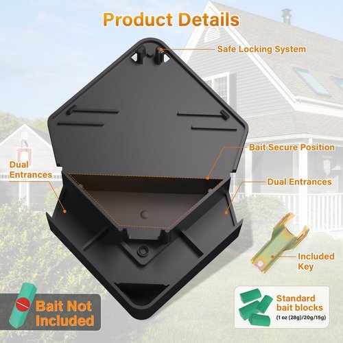 Mouse Station with Keys Black 4 Pack, Key Required Mouse Stations, Mice Stations, Keeps Children and Pets Safe Indoor & Outdoor