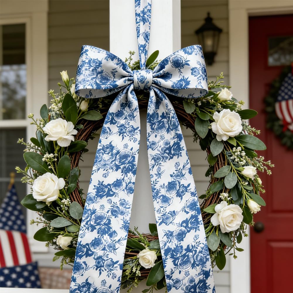 Tinsow Blue Floral Wreath Sash Bow - 2 Pack Chinoiserie Ribbon Scarf for Spring/Summer Door Decor