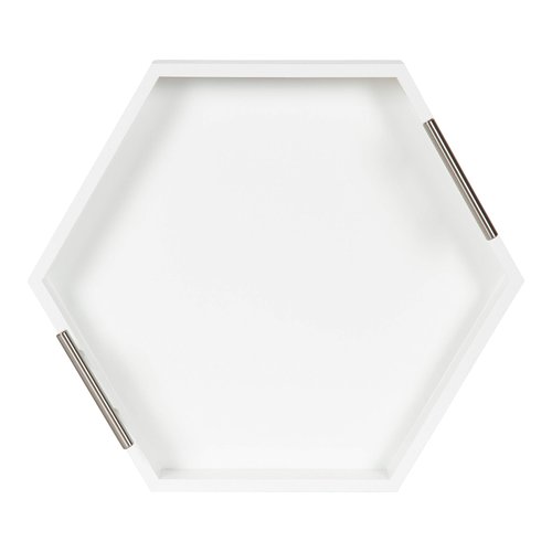 Kate and Laurel Lipton Modern Hexagon Tray, 18 x 18, White and Silver, Decorative Tray for Storage and Display