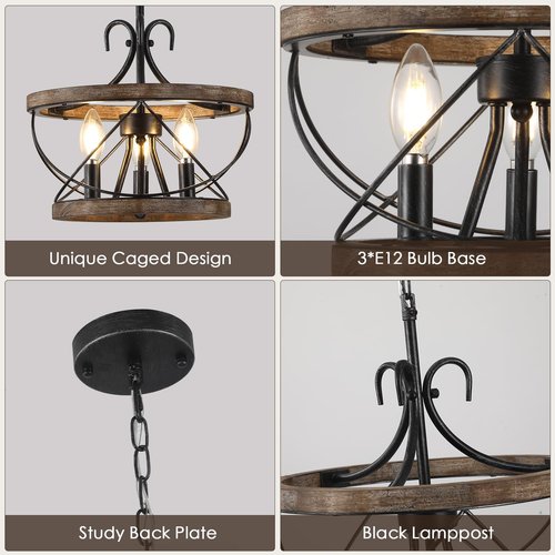 Curve Curio 12.9'' Farmhouse Chandelier Light Fixture, 3-Light Dining Room Light Fixtures French Country Rustic Chandelier Over Table for Entryway Foyer Bedroom Living Room