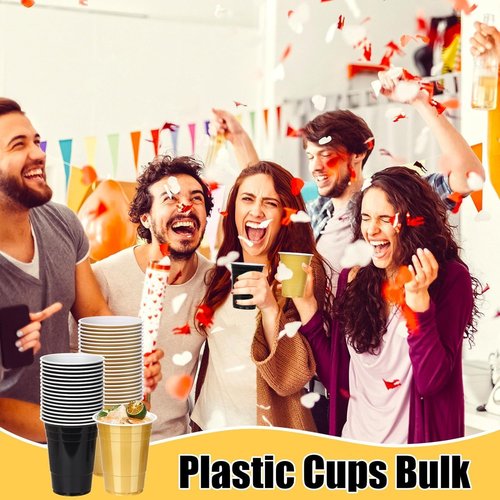 KesaPlan 100PCS 16 oz Black and Gold Disposable Plastic Cups - Perfect for Graduation, Weddings, and Parties