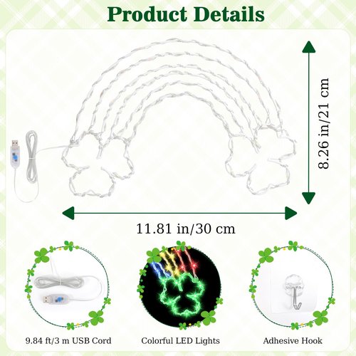 Lewondr St Patricks Day Decorations, 68LEDs Rainbow Window Lights USB Operated with Remote 8 Modes, St Patricks Day Party Decor Silhouette Lights, 1 Pack
