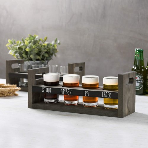 MyGift Vintage Gray Wood Beer Flight Sampler Serving Tray Caddies with Chalkboard Panels & 4 Tasting Glasses, Set of 2
