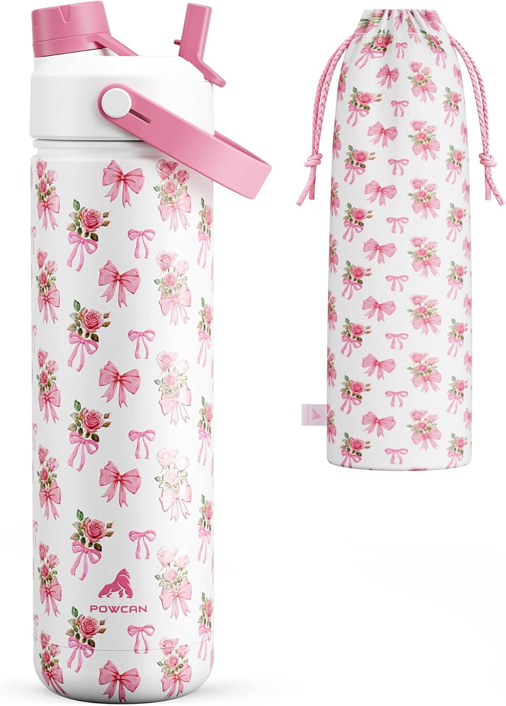 POWCAN 26 oz Insulated Water Bottle - 2-in-1 Straw & Spout Lid, Leak-Proof, Fits Car Cup Holder | Rosy Bouquet
