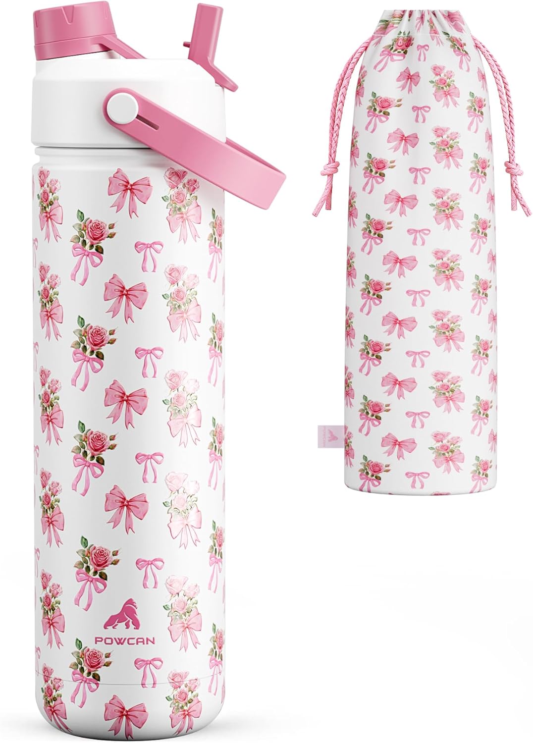 POWCAN 26 oz Insulated Water Bottle - 2-in-1 Straw & Spout Lid, Leak-Proof, Fits Car Cup Holder | Rosy Bouquet