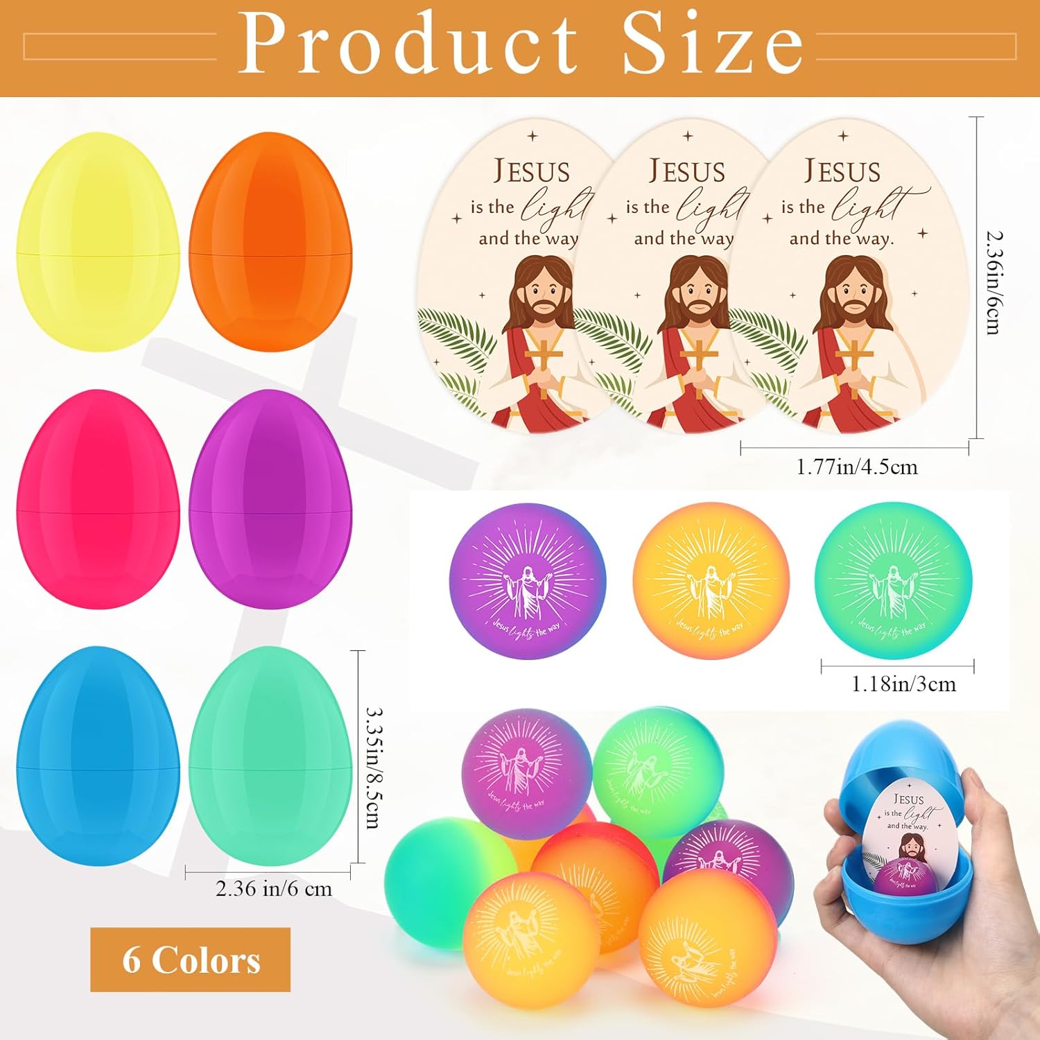 Wettarn 36-Piece Christian Easter Egg Set - Jesus Is the Light Bouncy Balls & Cards for Basket Stuffers