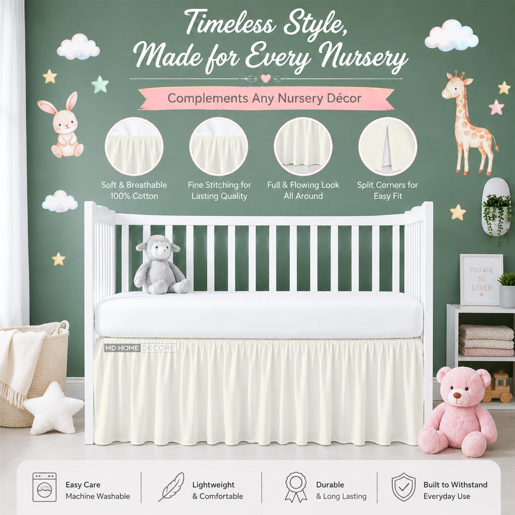 Crib Bed Skirt Dust Ruffle with Split Corners, 100% Cotton, Ivory Nursery Crib Skirt for Baby Boys or Girls, 28x52, 14" Drop, Toddler Bed Skirt, Baby Bedding, Crib Sheet Skirt, Soft & Breathable