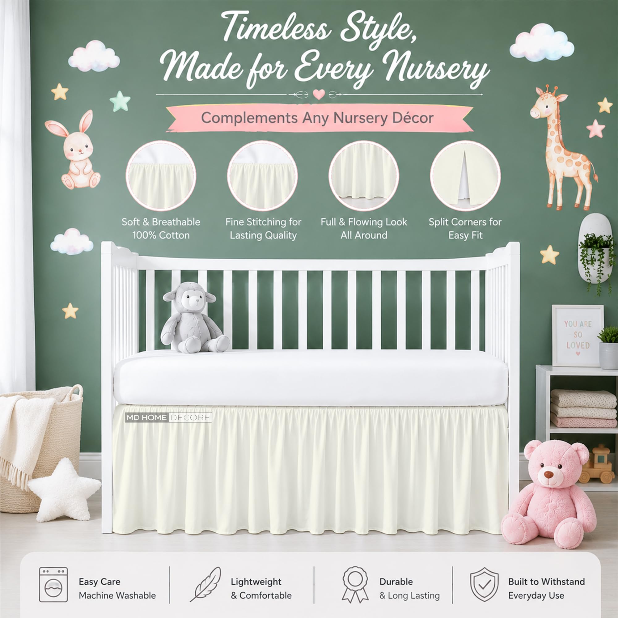 Crib Bed Skirt Dust Ruffle with Split Corners, 100% Cotton, Ivory Nursery Crib Skirt for Baby Boys or Girls, 28x52, 14" Drop, Toddler Bed Skirt, Baby Bedding, Crib Sheet Skirt, Soft & Breathable