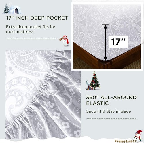 ROOYE Christmas Queen Size Bed Sheets, 4 Piece Floral Pattern Sheets Queen, 17" Deep Pocket, Soft Luxury Brushed Microfiber Cooling Sheets, Easy Care, Light Grey Paisley
