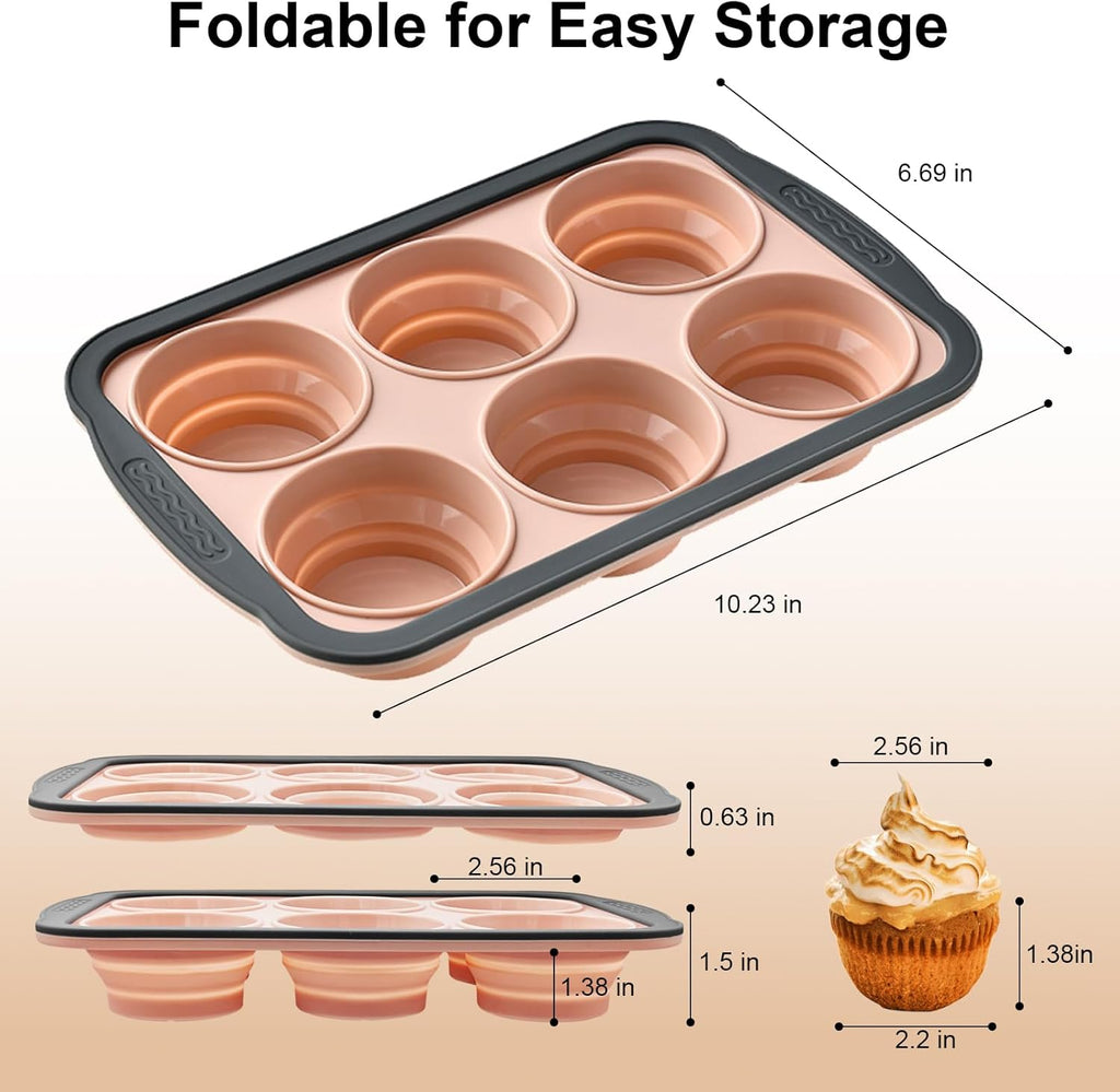 Skiennix Silicone Muffin Pan - Nonstick 6-Cup Baking Molds | BPA-Free, Easy to Clean, Pink
