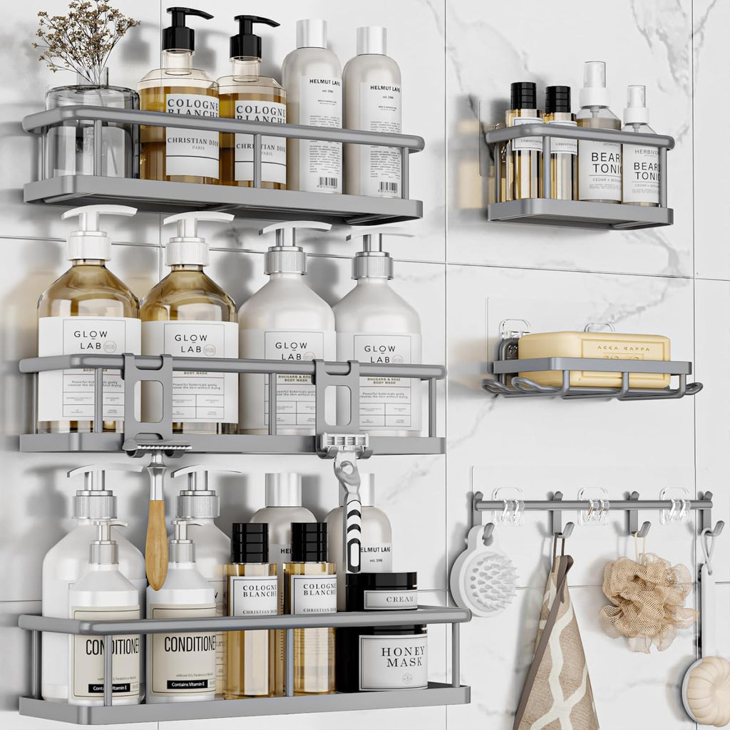 YASONIC Shower Caddy - Large Capacity Organizer with Soap Holder & 12 Hooks | Rustproof Grey Shelves