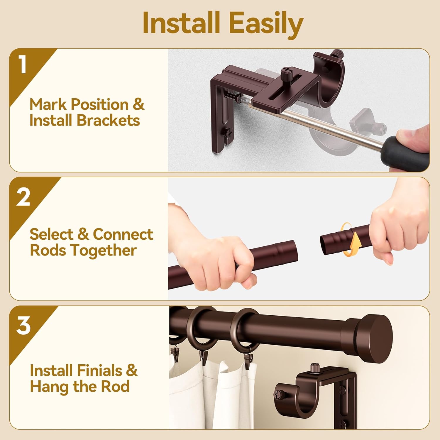 YaFex Adjustable Curtain Rods - Heavy Duty 1 Inch, 32-118 Inch, Modern Bronze Design, Easy Installation