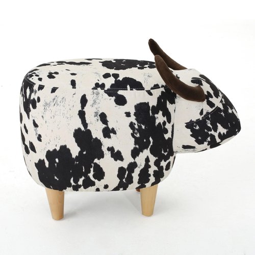 Christopher Knight Home Isana Cow-Shaped Ottoman, Cute Wood Foot Stool Shoes Changing Seat with Cushioned for Living Room, Bedroom, Playroom Porch Furniture, Black and White Velvet