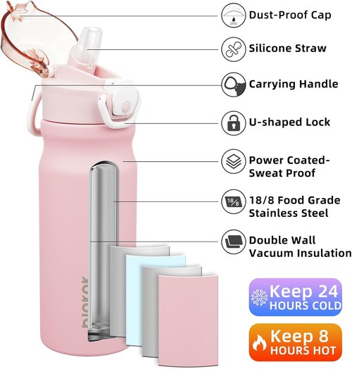 BJPKPK Insulated Water Bottle - 18oz Stainless Steel Flask with Straw, Leak-Proof Lid & Carry Handle | Light Pink