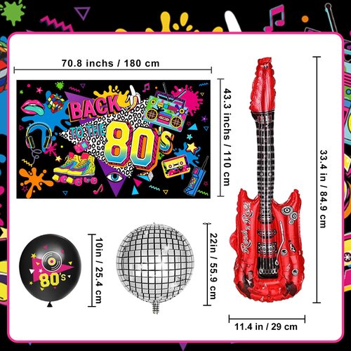 80s Party Decorations Includes Backdrop, Banner, Hanging Swirls, Foil & Latex Balloons, Cake & Cupcake Toppers, Honeycomb Centerpieces for 80s 90s Party Decorations