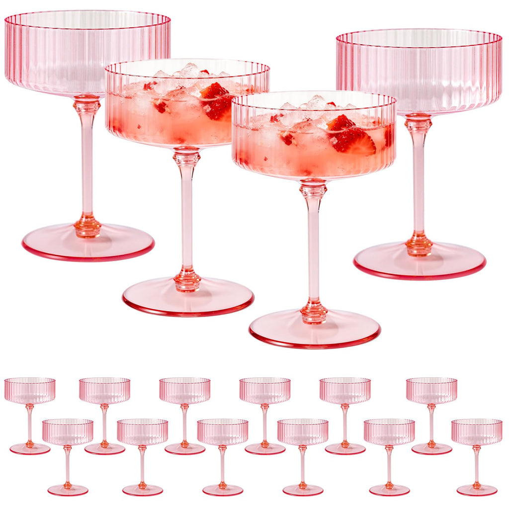 ZOMUIA Ribbed Coupe Glasses 16 Pcs, 10 oz Plastic Champagne Coupe Detachable Acrylic Cocktail Glasses Plastic Martini Glasses for Bar, Wine, Dessert, Cocktail Glassware(Pink)