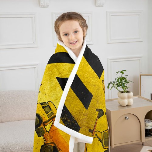 Erosebridal Excavators Flannel Blanket Equipment Trucks Sherpa Blanket Construction Tractor Throw Blanket, Yellow Vehicle Fuzzy Blanket for Kids Boys Teens, Kids Car Theme Room Throw Size